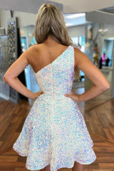 A Line Short White Sequined Homecoming Dress One Shoulder Prom Dress MyChicDress